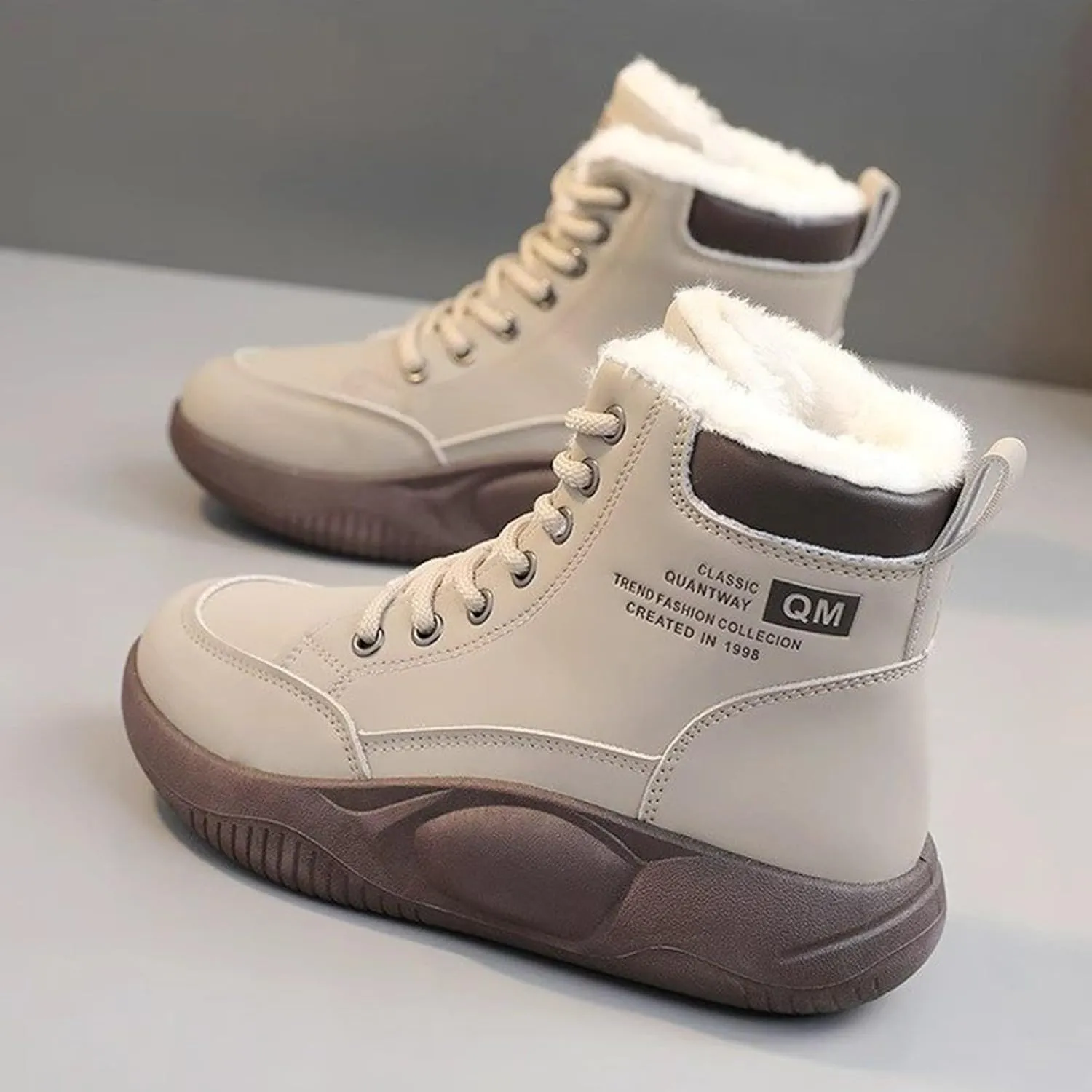 Women's High Top Thick Sole Boots Cozy Thermal Plush Lined Non-Slip Fashion Boot Casual Lace Up Sneakers