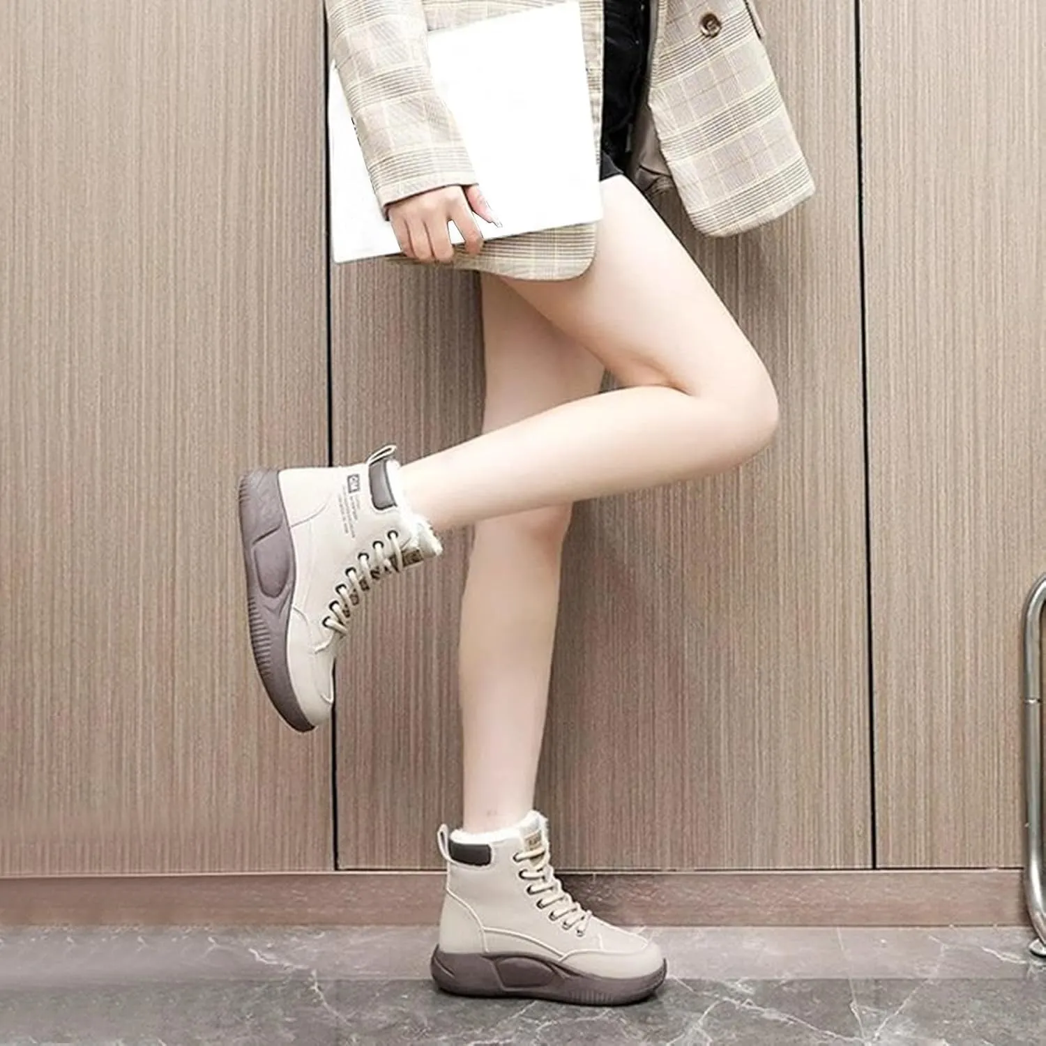Women's High Top Thick Sole Boots Cozy Thermal Plush Lined Non-Slip Fashion Boot Casual Lace Up Sneakers