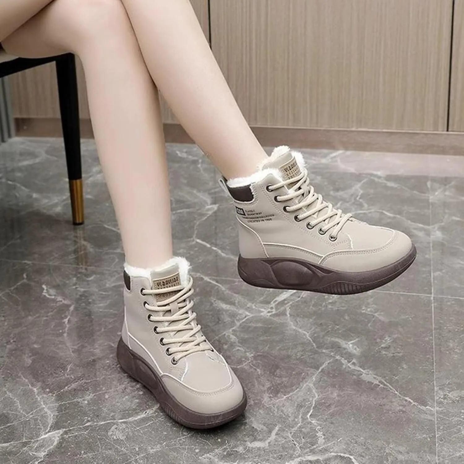 Women's High Top Thick Sole Boots Cozy Thermal Plush Lined Non-Slip Fashion Boot Casual Lace Up Sneakers