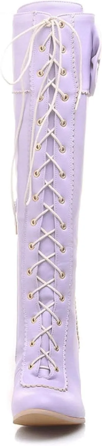 Women's Lace up Knee Length Boots Elegant Bow Layered Thick High Heels Winter Battle Dress Boots