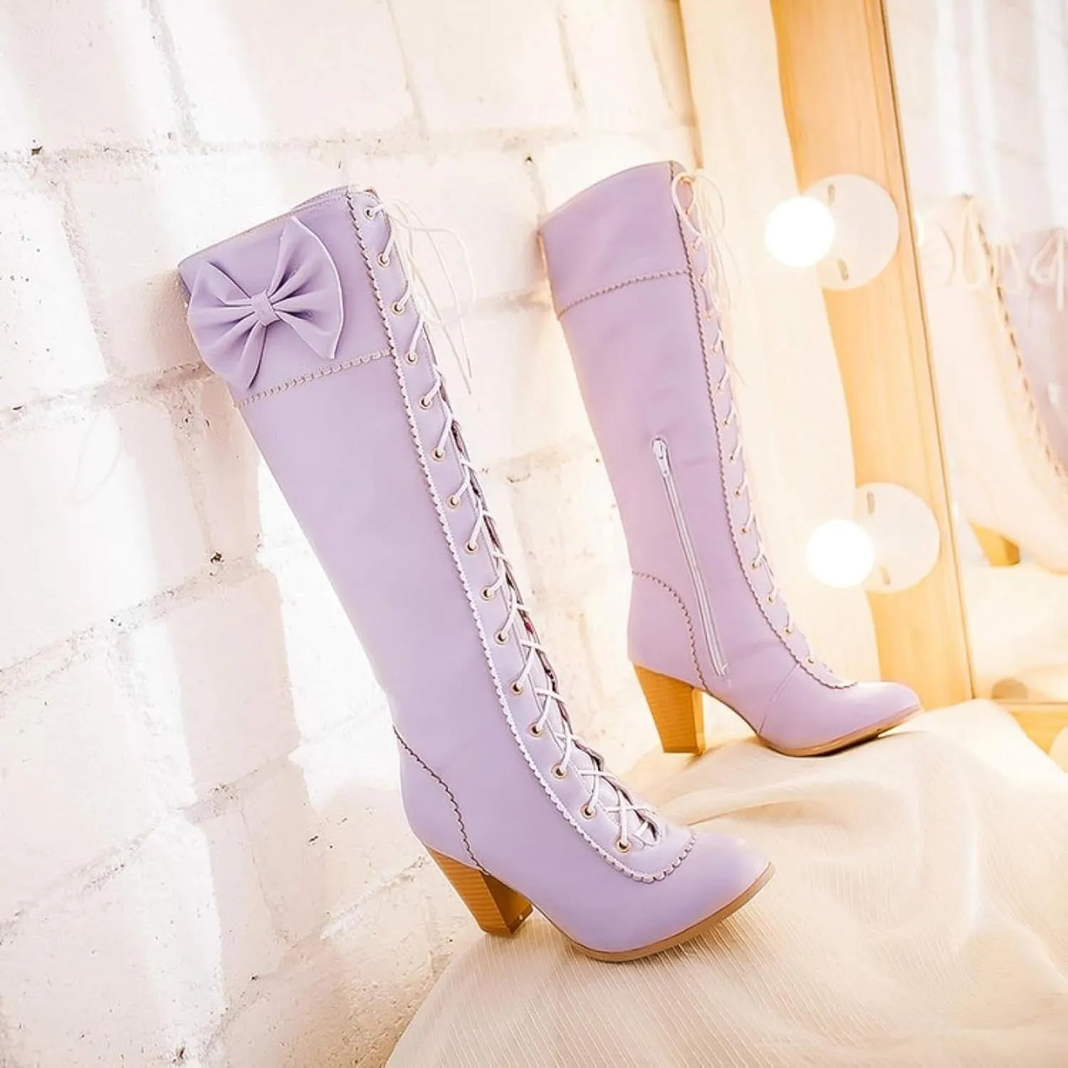 Women's Lace up Knee Length Boots Elegant Bow Layered Thick High Heels Winter Battle Dress Boots
