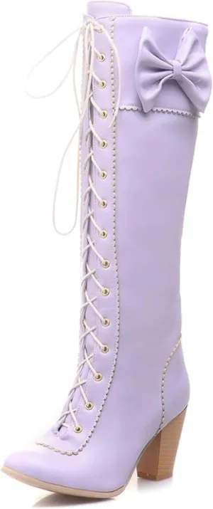 Women's Lace up Knee Length Boots Elegant Bow Layered Thick High Heels Winter Battle Dress Boots
