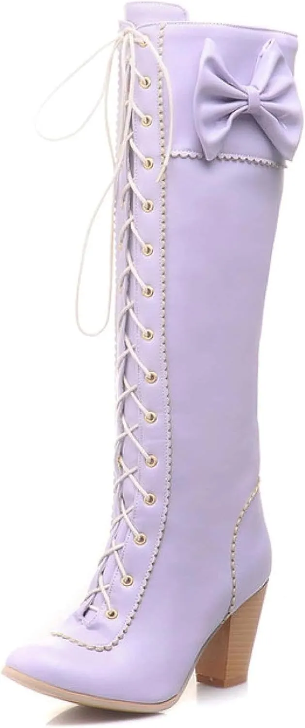 Women's Lace up Knee Length Boots Elegant Bow Layered Thick High Heels Winter Battle Dress Boots