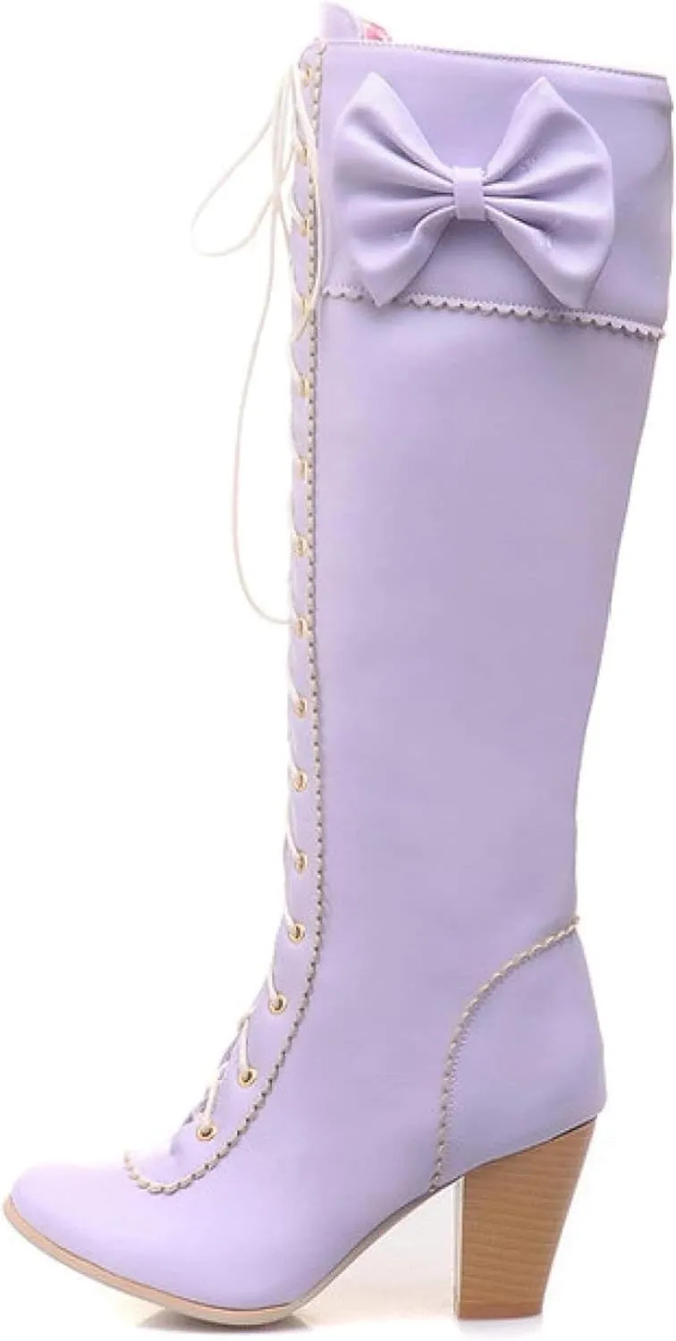 Women's Lace up Knee Length Boots Elegant Bow Layered Thick High Heels Winter Battle Dress Boots