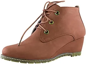 Women's Lace Up Oxford Wedge Booties Bootie Ankle Fashion Round Toe Boots for Women Amanda-01 Tan Pu 9
