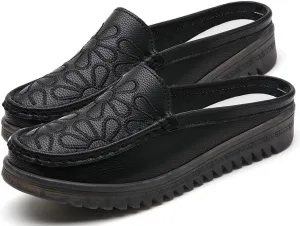 Women's Leather Closed Toe Clogs,Comfort Cutout Arch Support Softsole Slip-On Mules Loafers Slides