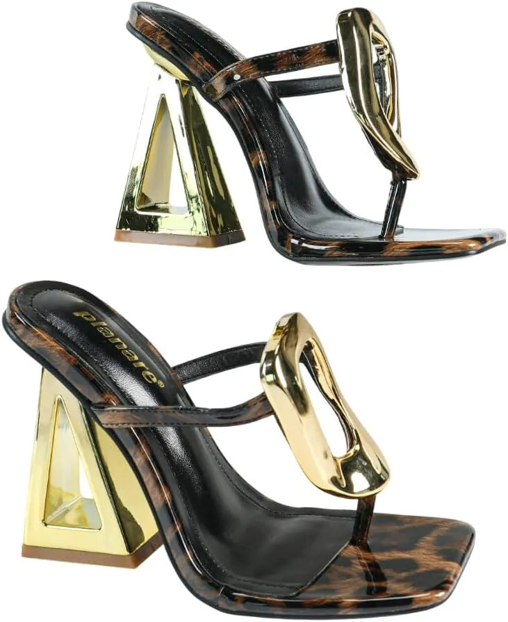 Womens Leather Heel Sandals – Modern Square-Toe with Gold Metallic Heel & Accents for Parties & Formal Events