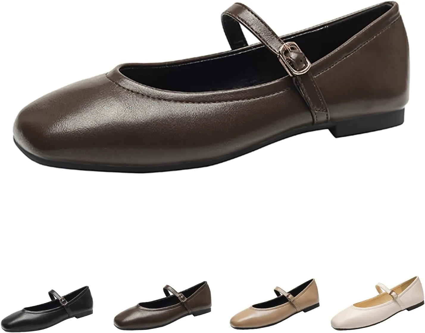 Women's Leather Mary Jane Flats - Square Toe Slip-On Ballet Flats with Ankle Strap, Dressy & Comfortable Flats for Work, Parties, or Casual Wear