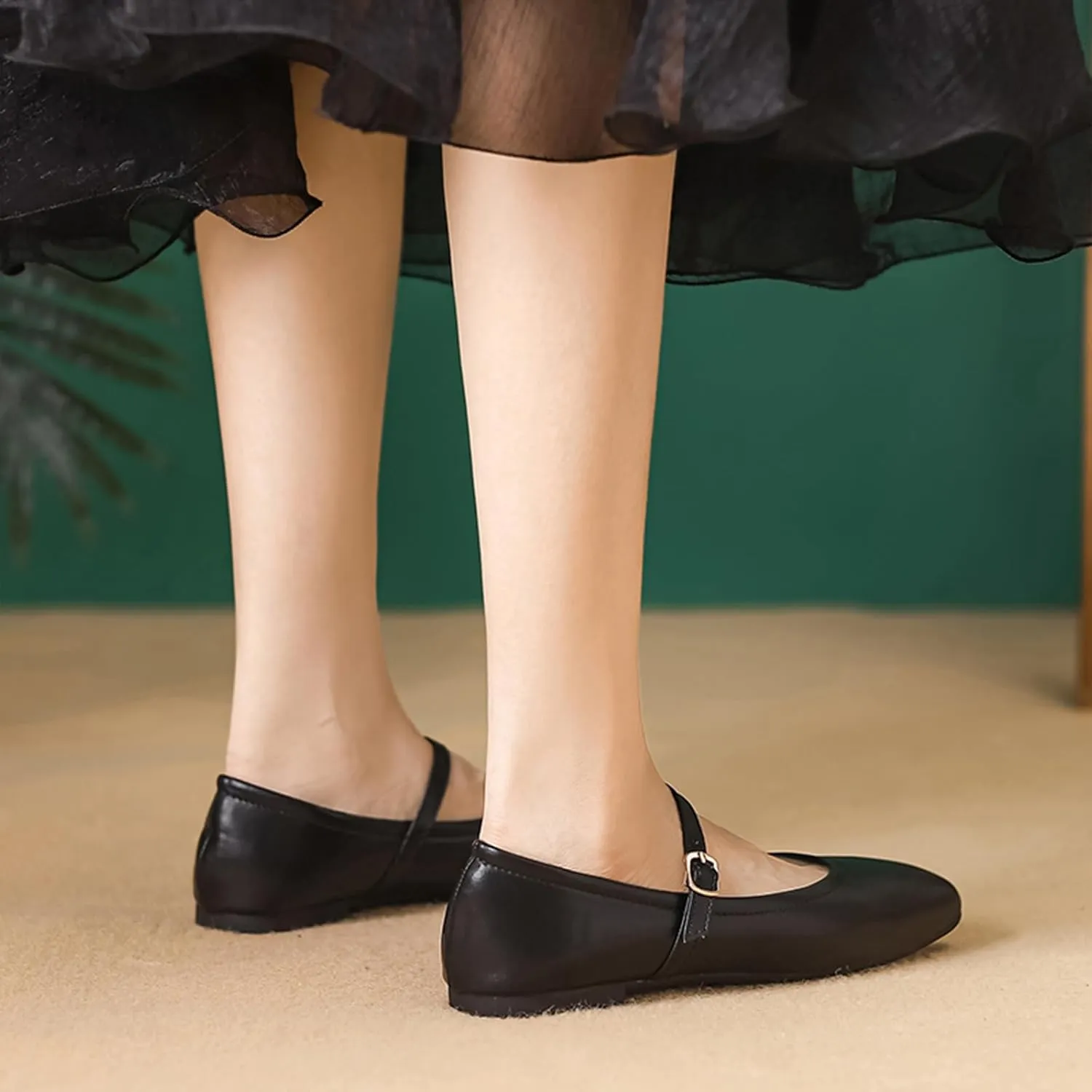 Women's Leather Mary Jane Flats - Square Toe Slip-On Ballet Flats with Ankle Strap, Dressy & Comfortable Flats for Work, Parties, or Casual Wear