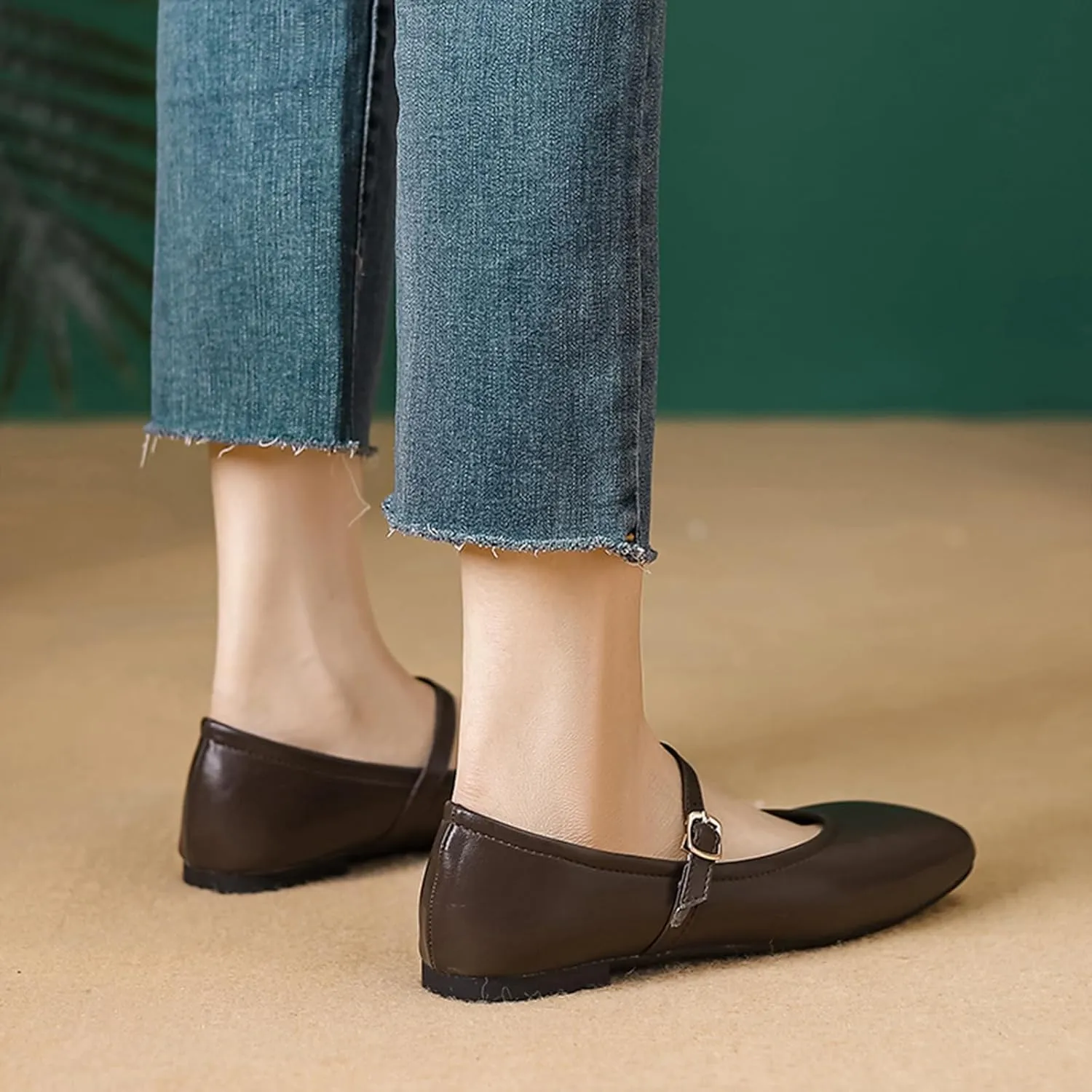 Women's Leather Mary Jane Flats - Square Toe Slip-On Ballet Flats with Ankle Strap, Dressy & Comfortable Flats for Work, Parties, or Casual Wear
