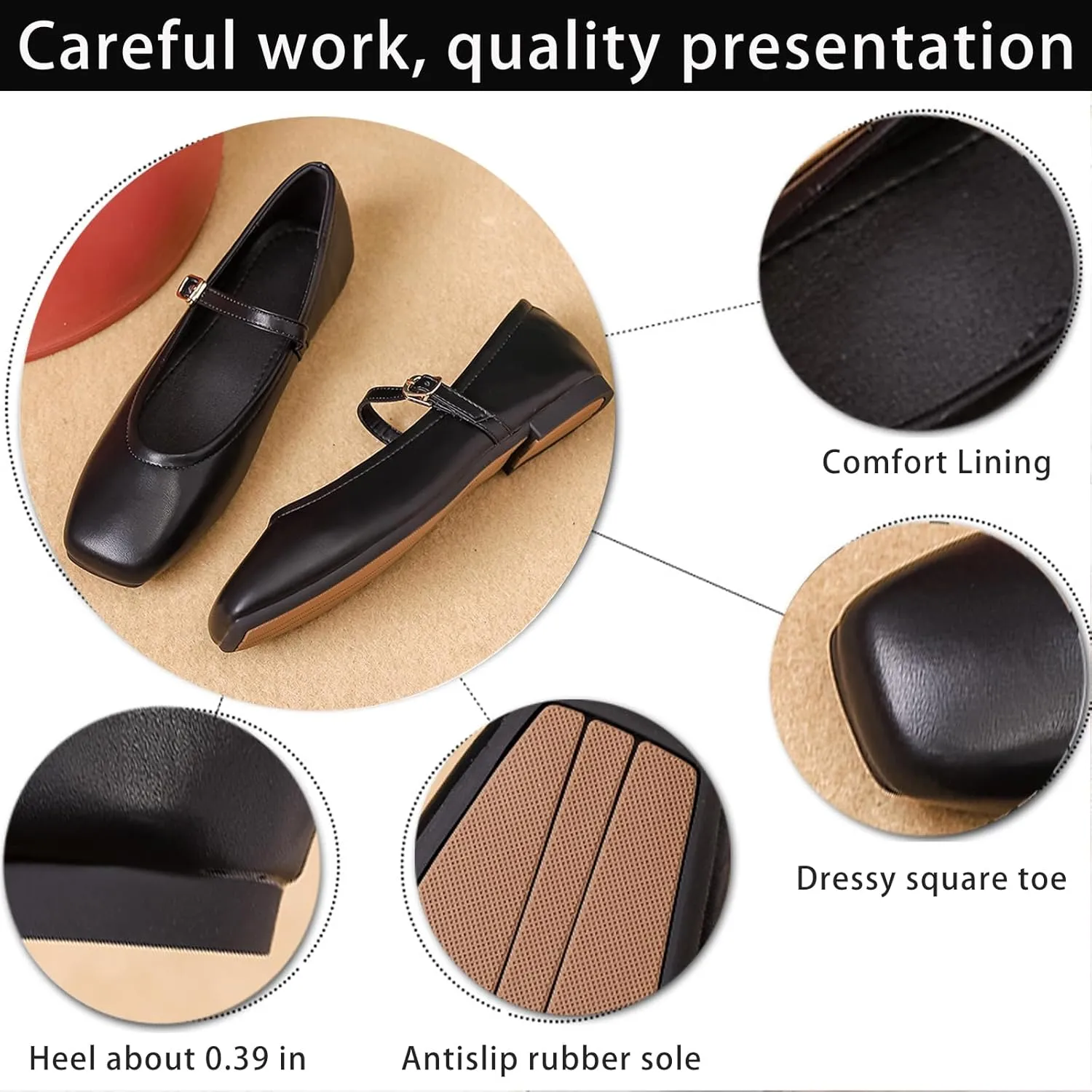 Women's Leather Mary Jane Flats - Square Toe Slip-On Ballet Flats with Ankle Strap, Dressy & Comfortable Flats for Work, Parties, or Casual Wear