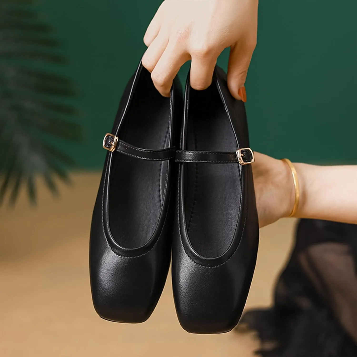 Women's Leather Mary Jane Flats - Square Toe Slip-On Ballet Flats with Ankle Strap, Dressy & Comfortable Flats for Work, Parties, or Casual Wear