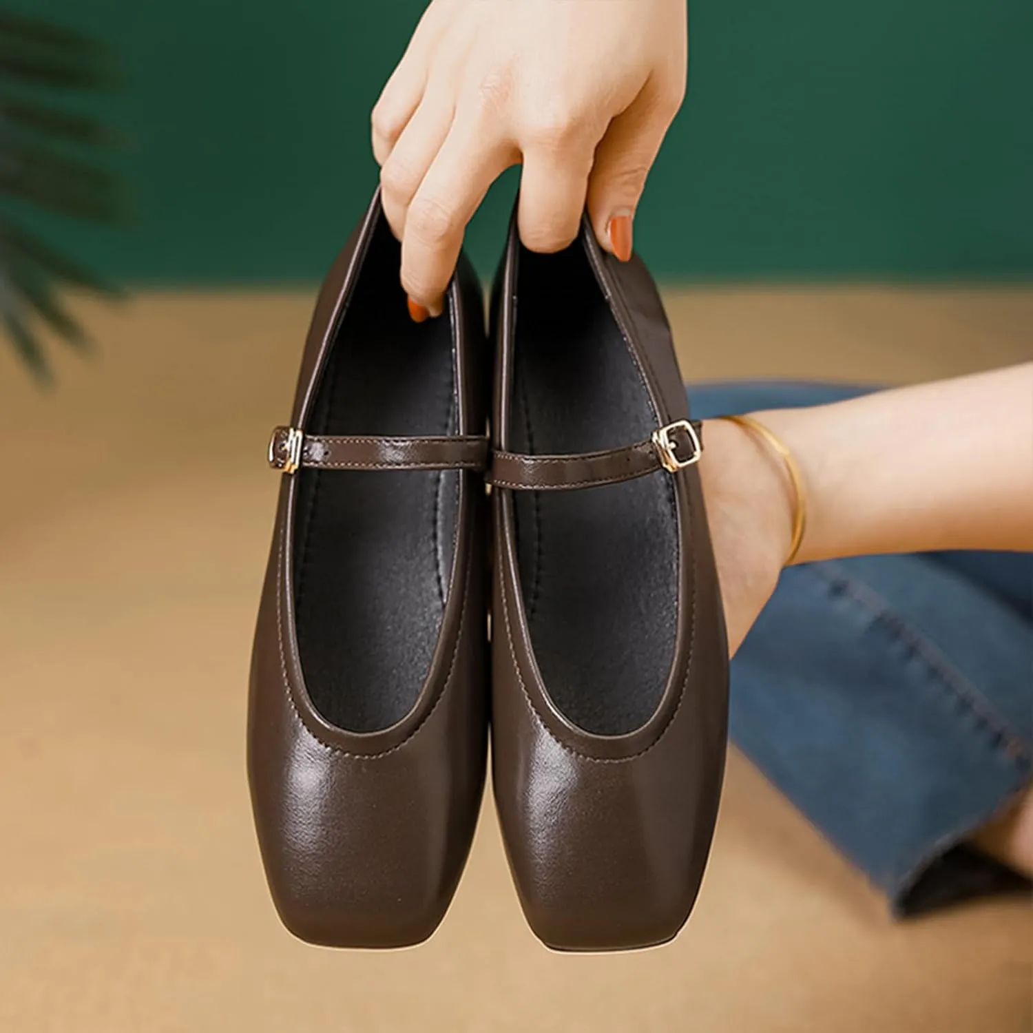 Women's Leather Mary Jane Flats - Square Toe Slip-On Ballet Flats with Ankle Strap, Dressy & Comfortable Flats for Work, Parties, or Casual Wear