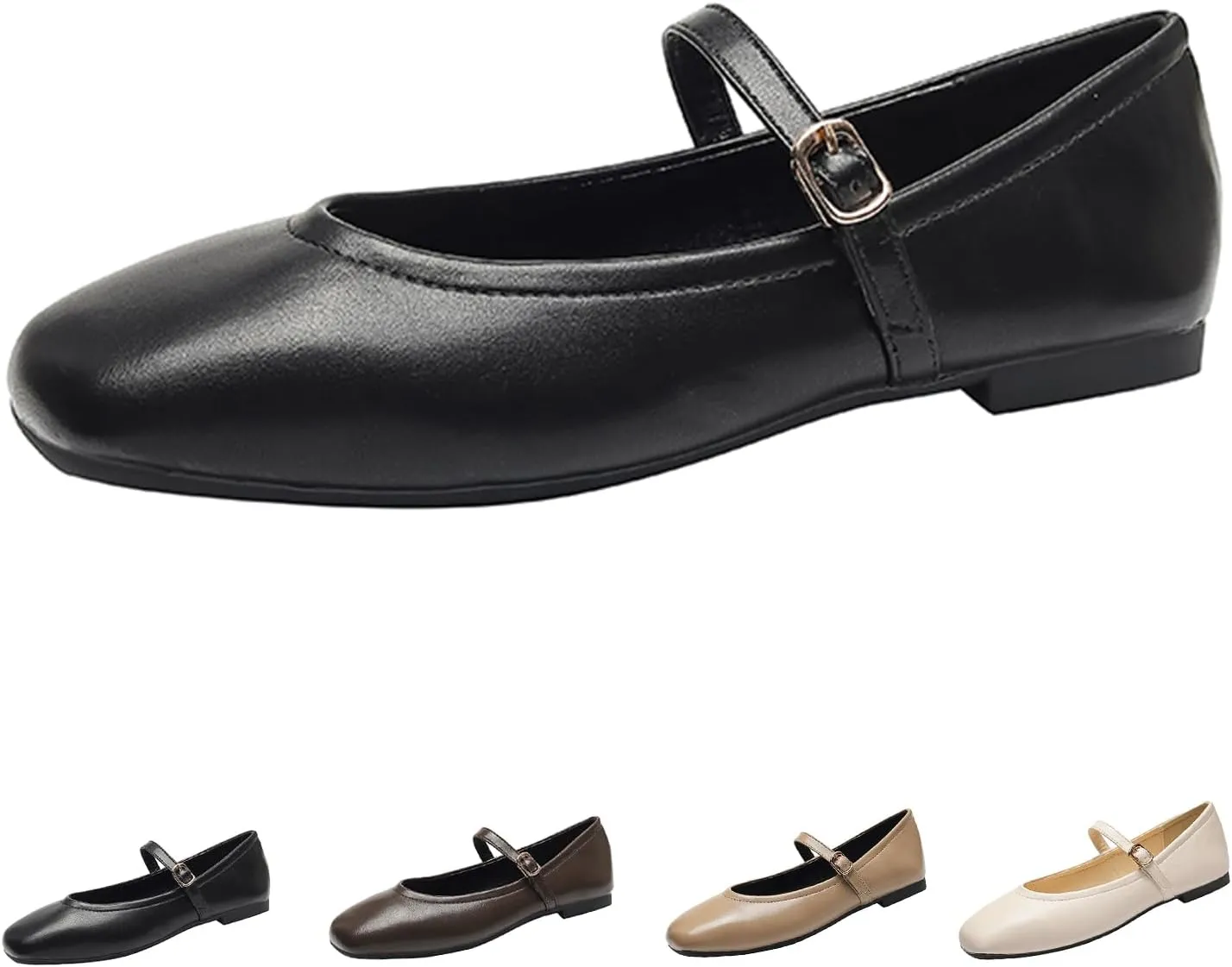 Women's Leather Mary Jane Flats - Square Toe Slip-On Ballet Flats with Ankle Strap, Dressy & Comfortable Flats for Work, Parties, or Casual Wear