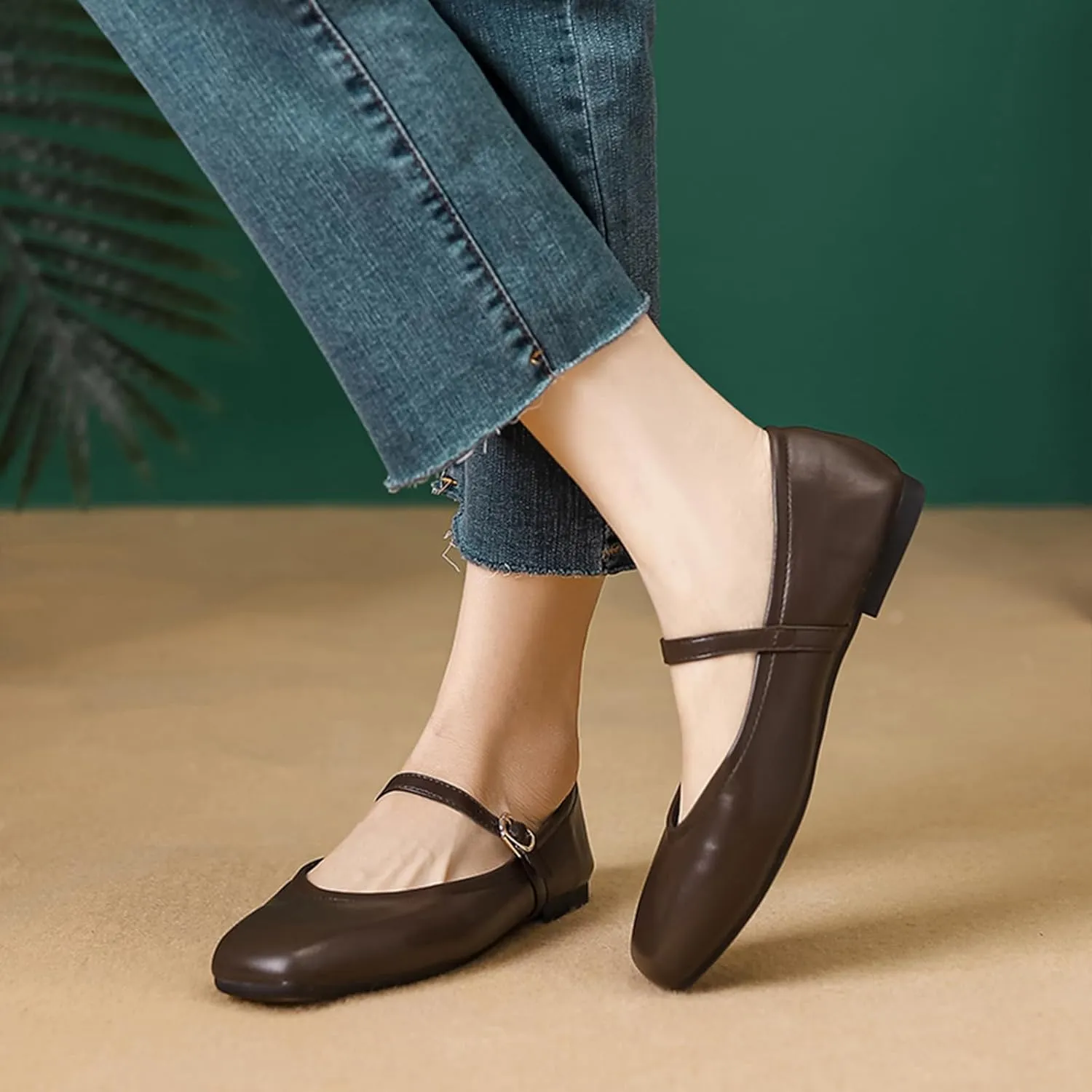 Women's Leather Mary Jane Flats - Square Toe Slip-On Ballet Flats with Ankle Strap, Dressy & Comfortable Flats for Work, Parties, or Casual Wear