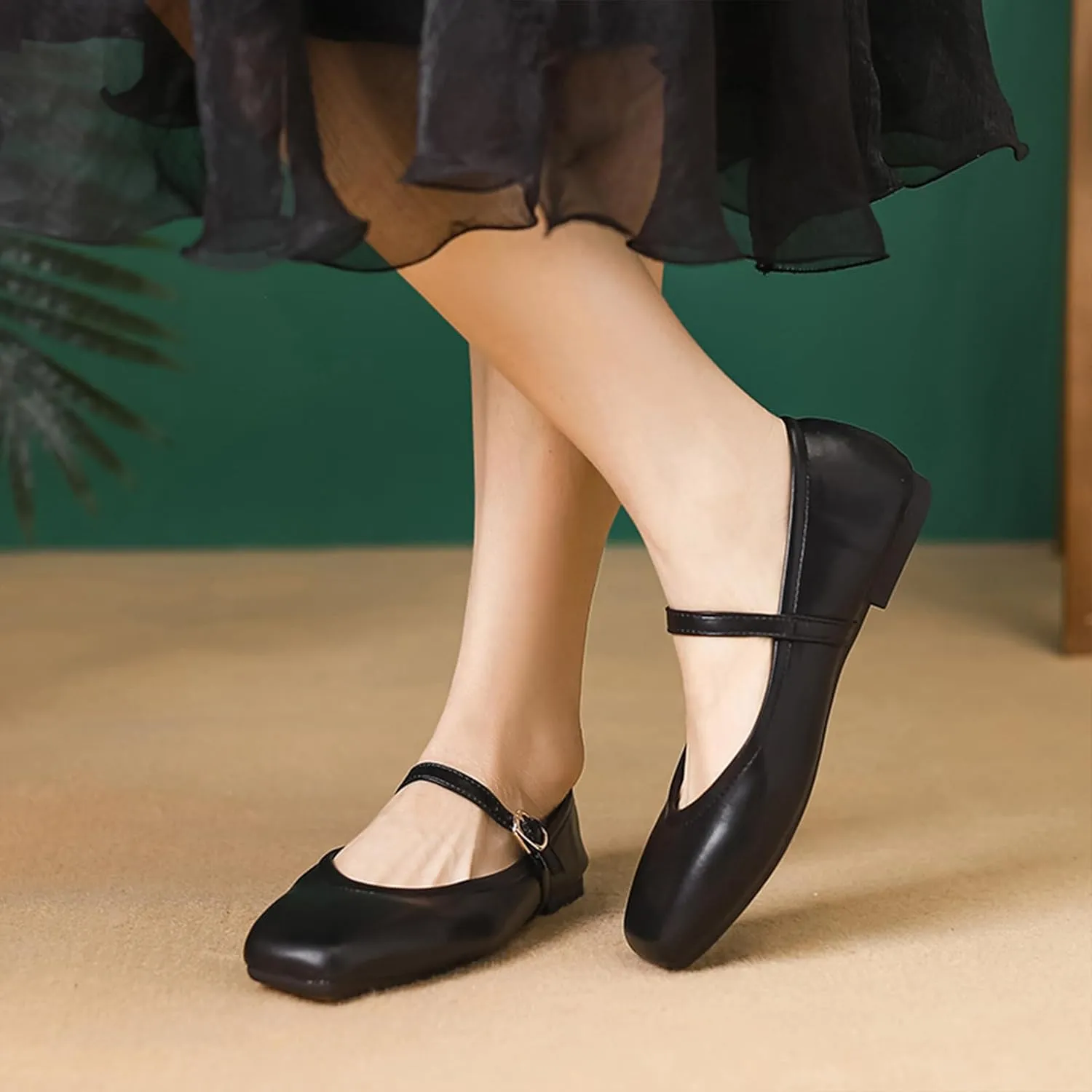 Women's Leather Mary Jane Flats - Square Toe Slip-On Ballet Flats with Ankle Strap, Dressy & Comfortable Flats for Work, Parties, or Casual Wear