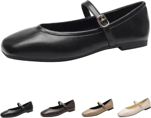 Women's Leather Mary Jane Flats - Square Toe Slip-On Ballet Flats with Ankle Strap, Dressy & Comfortable Flats for Work, Parties, or Casual Wear