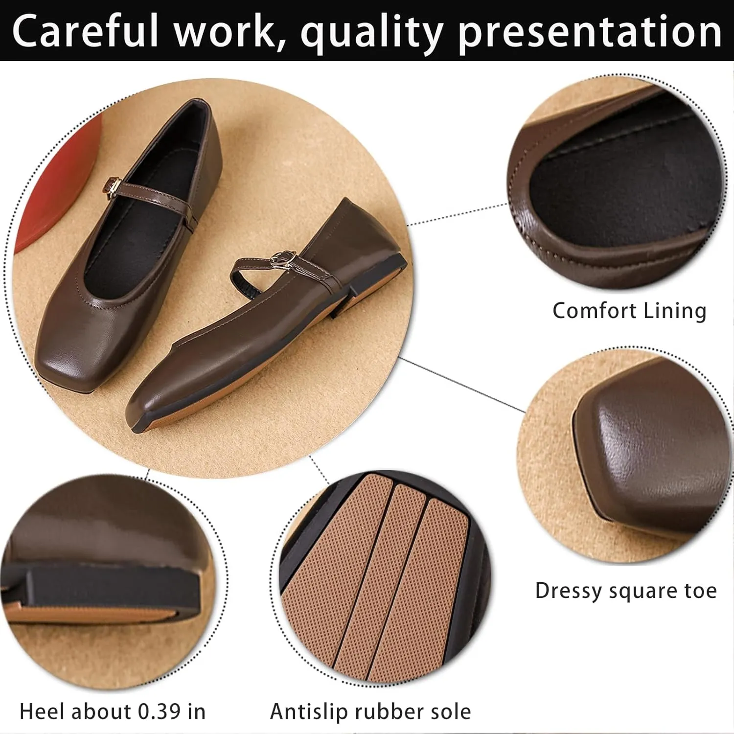Women's Leather Mary Jane Flats - Square Toe Slip-On Ballet Flats with Ankle Strap, Dressy & Comfortable Flats for Work, Parties, or Casual Wear