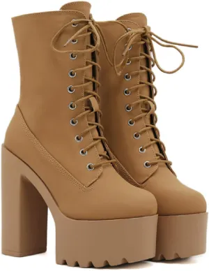 Women's Leather Platform Chunky High Heel Mid Calf Boots Warm Fur Lined Comfortable Round Toe Lug Sole Block Heel Lace Up Combat Boots Winter Fashion Party Increase Boots