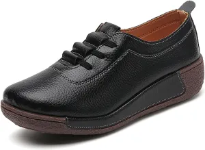Women's Leather Platform Wedge Rocker Shoes Fashion Round Head Slip-On Thick Heel Walking Loafers Casual Non-Slip Comfort Work Office Dress Shoes