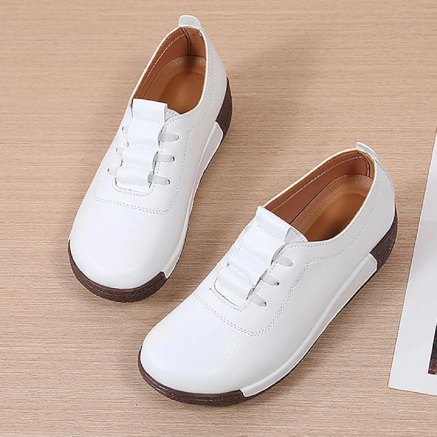 Women's Leather Platform Wedge Rocker Shoes Fashion Round Head Slip-On Thick Heel Walking Loafers Casual Non-Slip Comfort Work Office Dress Shoes