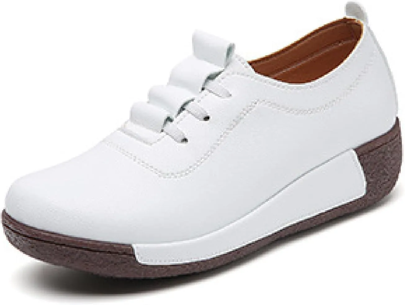 Women's Leather Platform Wedge Rocker Shoes Fashion Round Head Slip-On Thick Heel Walking Loafers Casual Non-Slip Comfort Work Office Dress Shoes