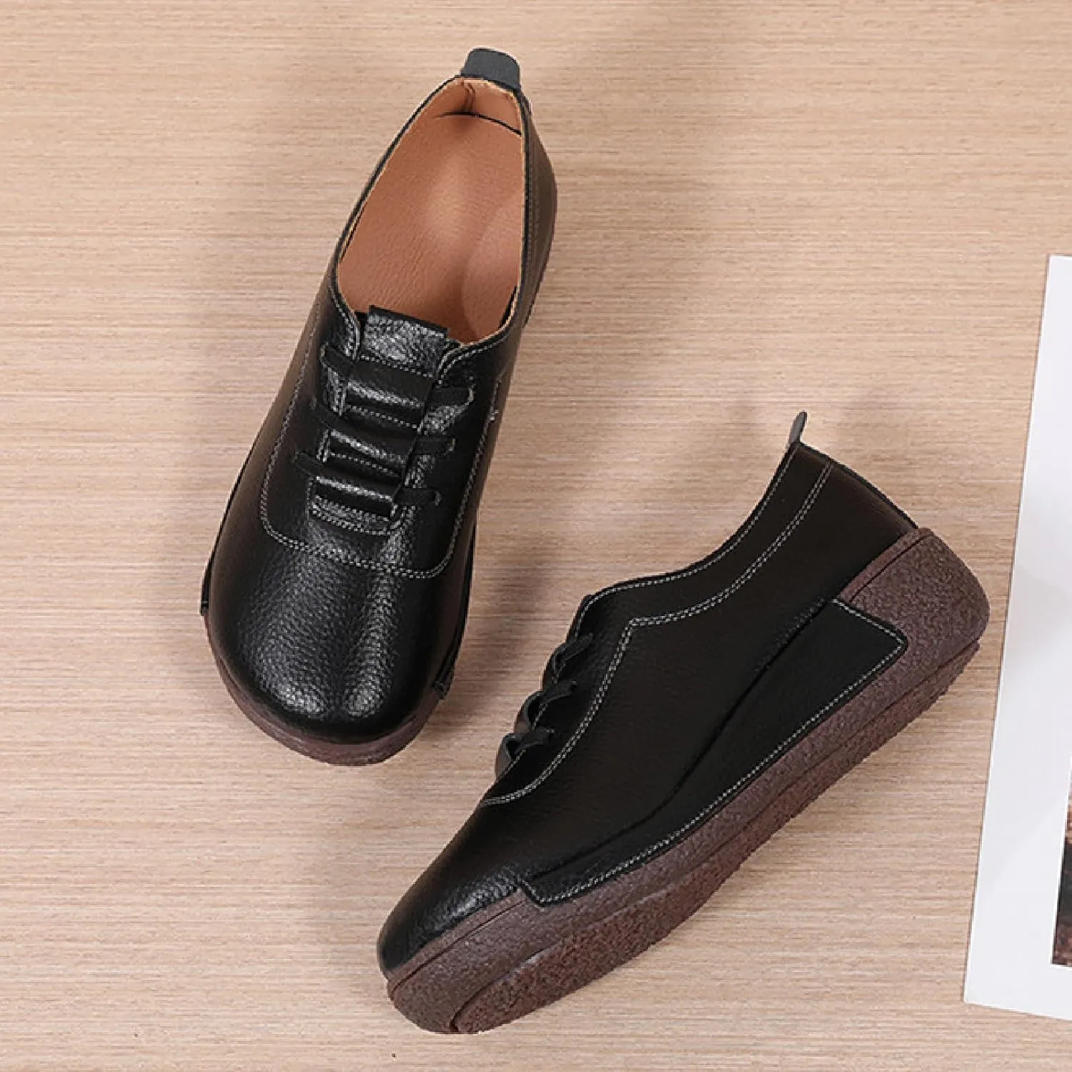 Women's Leather Platform Wedge Rocker Shoes Fashion Round Head Slip-On Thick Heel Walking Loafers Casual Non-Slip Comfort Work Office Dress Shoes