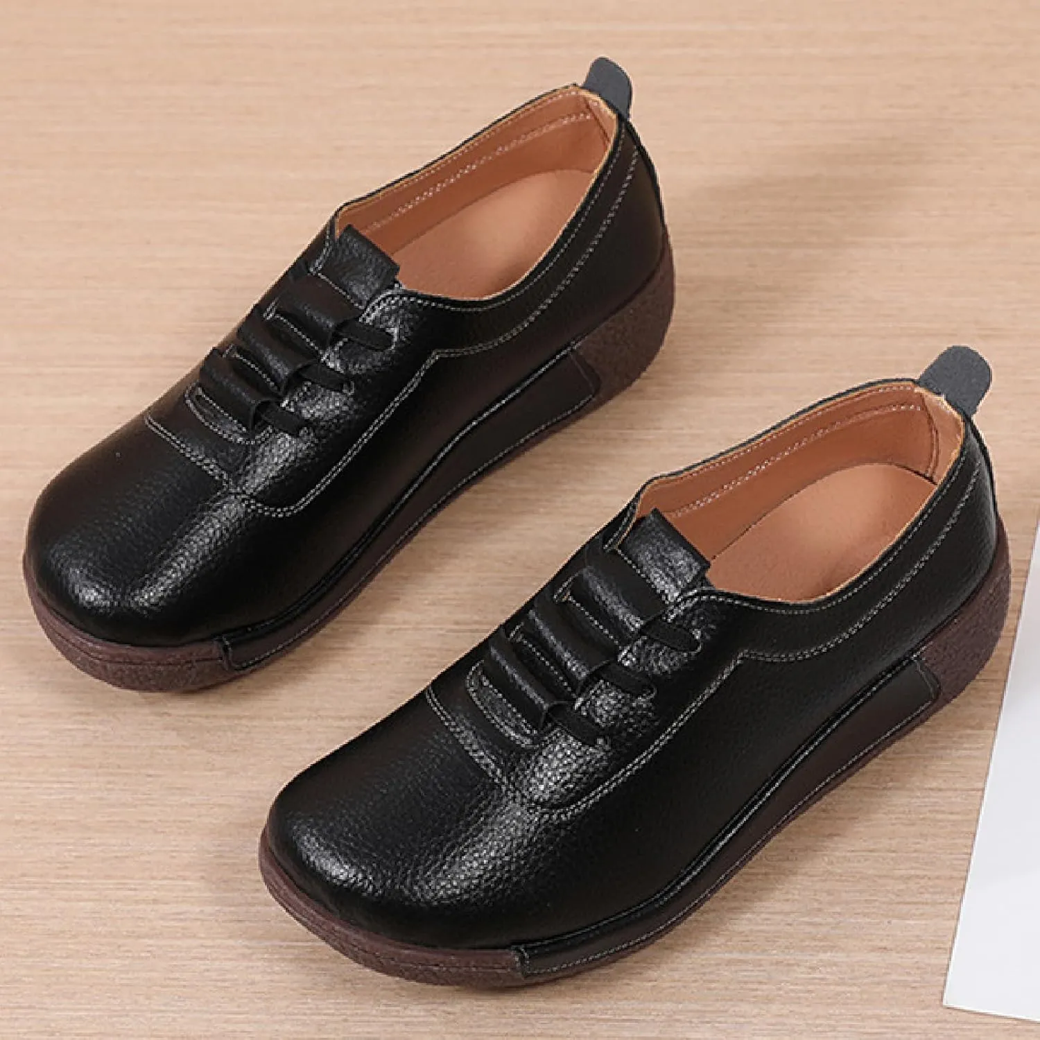 Women's Leather Platform Wedge Rocker Shoes Fashion Round Head Slip-On Thick Heel Walking Loafers Casual Non-Slip Comfort Work Office Dress Shoes