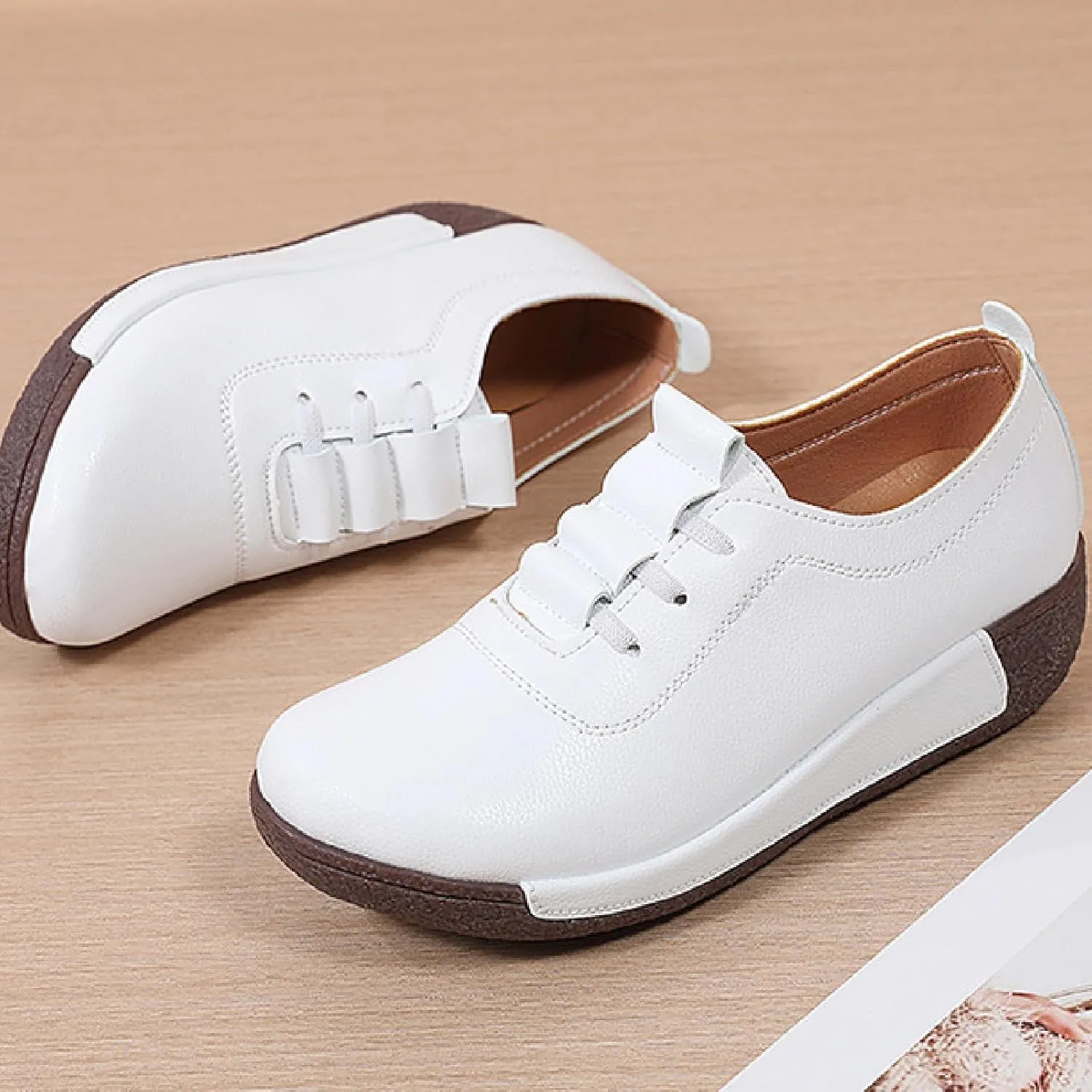 Women's Leather Platform Wedge Rocker Shoes Fashion Round Head Slip-On Thick Heel Walking Loafers Casual Non-Slip Comfort Work Office Dress Shoes