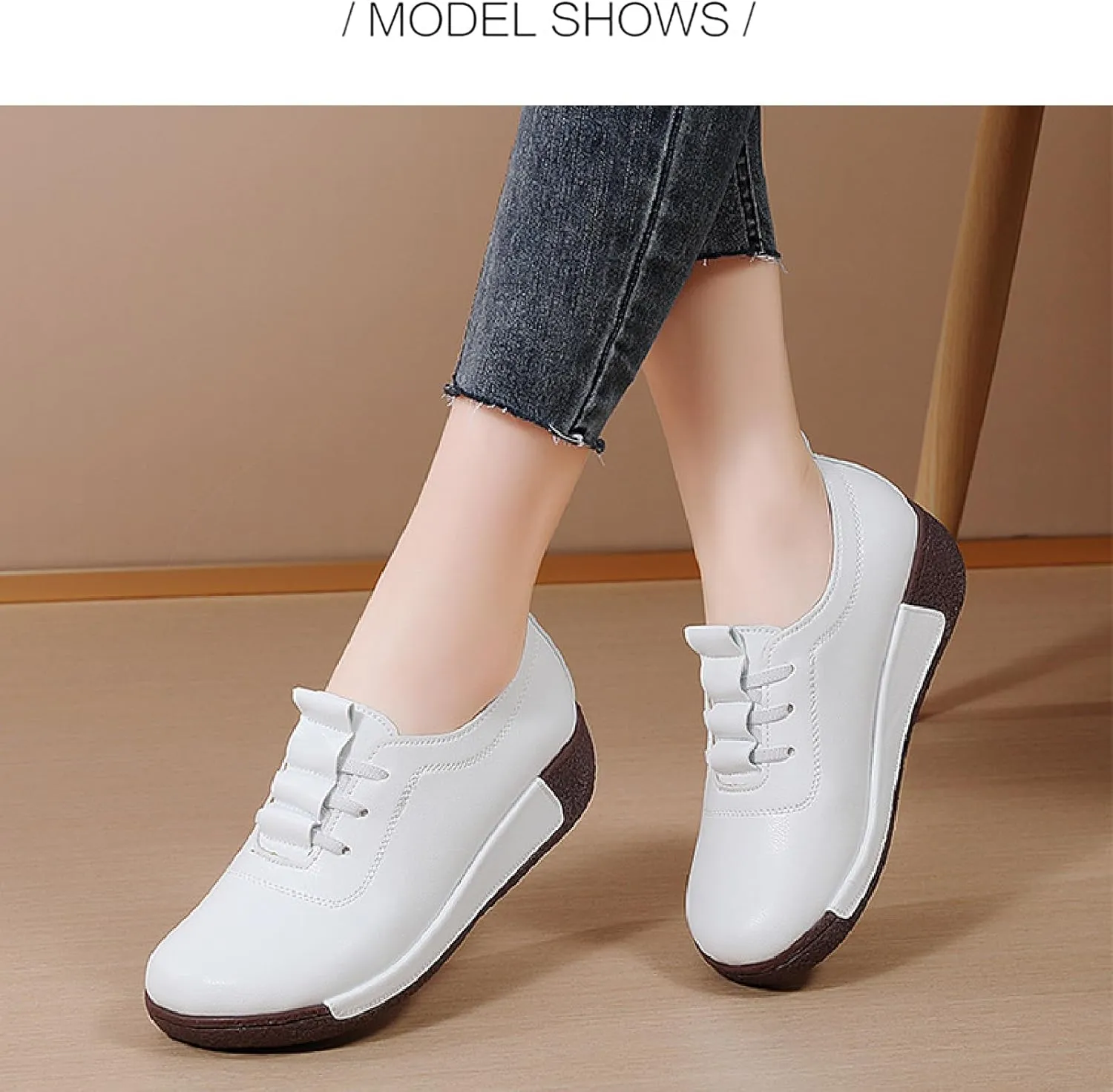 Women's Leather Platform Wedge Rocker Shoes Fashion Round Head Slip-On Thick Heel Walking Loafers Casual Non-Slip Comfort Work Office Dress Shoes