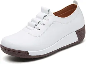Women's Leather Platform Wedge Rocker Shoes Fashion Round Head Slip-On Thick Heel Walking Loafers Casual Non-Slip Comfort Work Office Dress Shoes