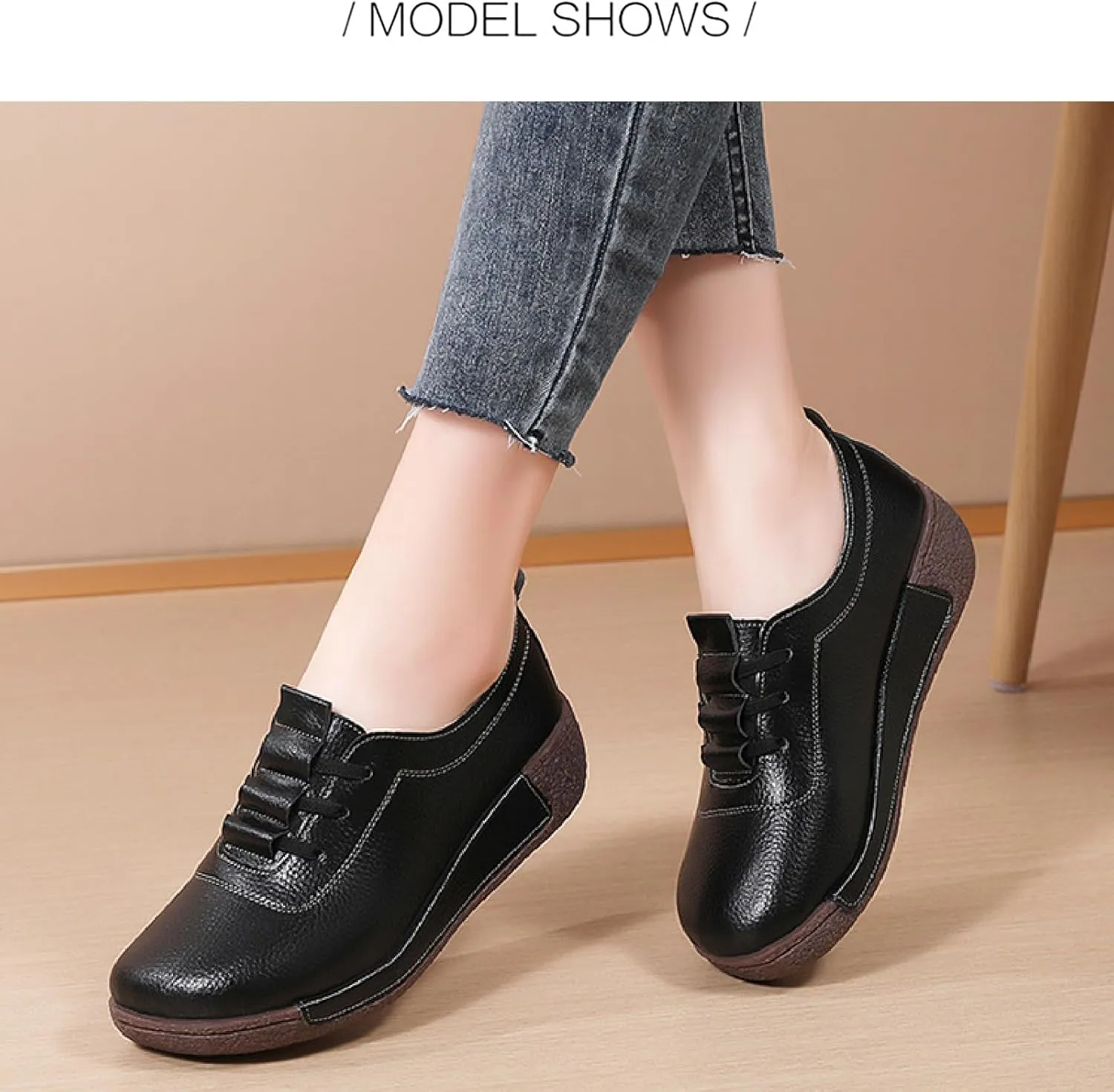 Women's Leather Platform Wedge Rocker Shoes Fashion Round Head Slip-On Thick Heel Walking Loafers Casual Non-Slip Comfort Work Office Dress Shoes