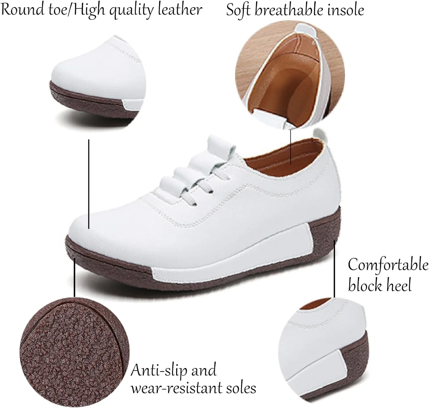 Women's Leather Platform Wedge Rocker Shoes Fashion Round Head Slip-On Thick Heel Walking Loafers Casual Non-Slip Comfort Work Office Dress Shoes
