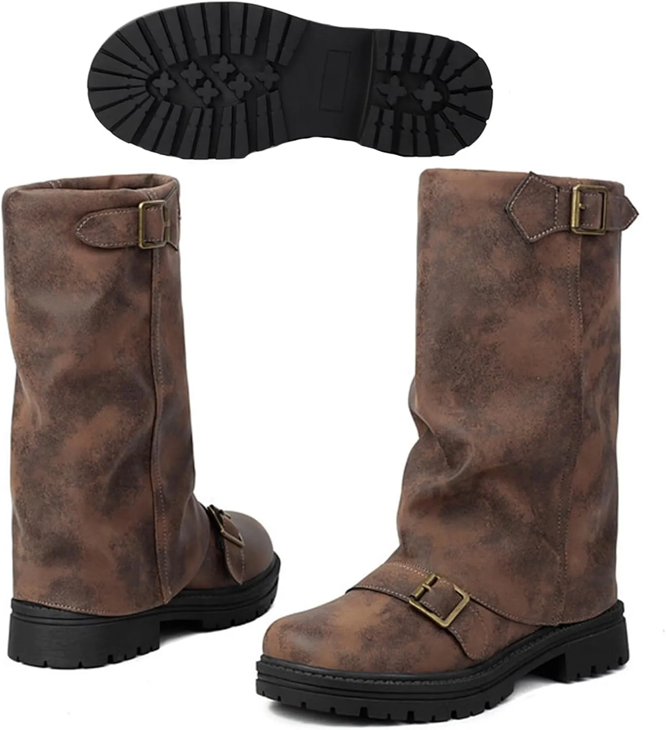 Women's Leather Slouchy platform Buckle Mid-Calf Boots Comfort Wide Round Toe Slip On lug sole Motorcycle Combat Boots