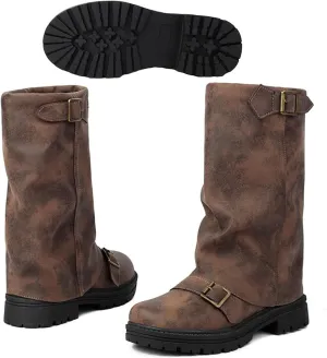 Women's Leather Slouchy platform Buckle Mid-Calf Boots Comfort Wide Round Toe Slip On lug sole Motorcycle Combat Boots