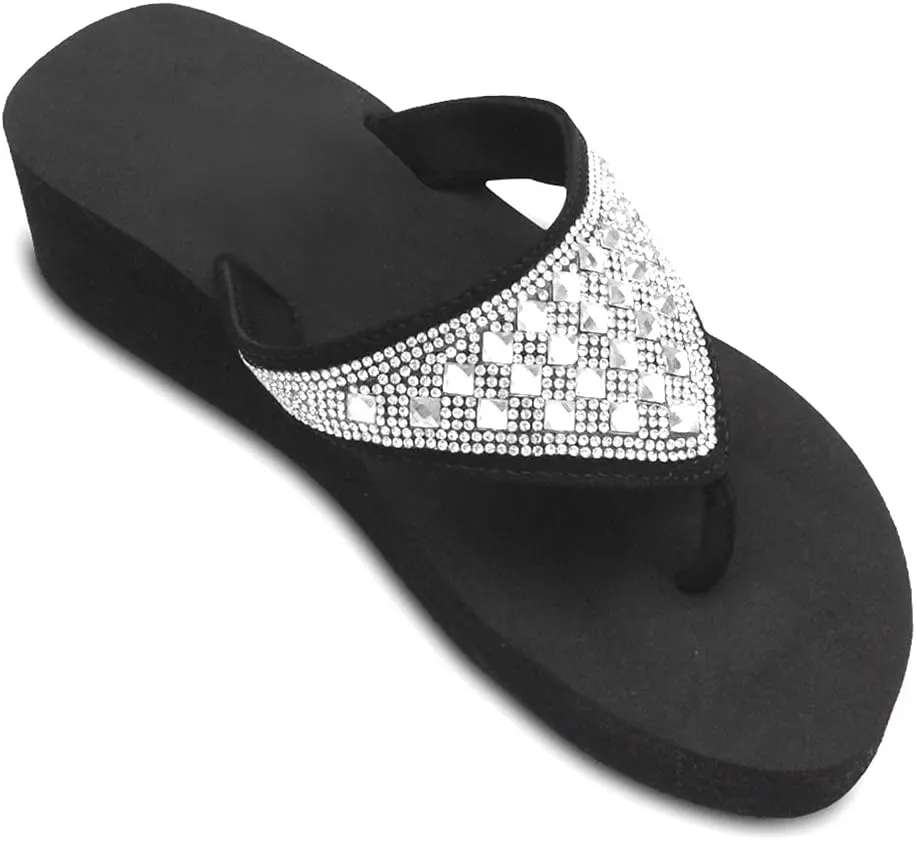 Womens Lightweight Foam Summer Bling Flip Flops Platform Black Wedge Thong T-Strap Sandals with Rhinestones for Teen Girls Fun Beach Pool Essential