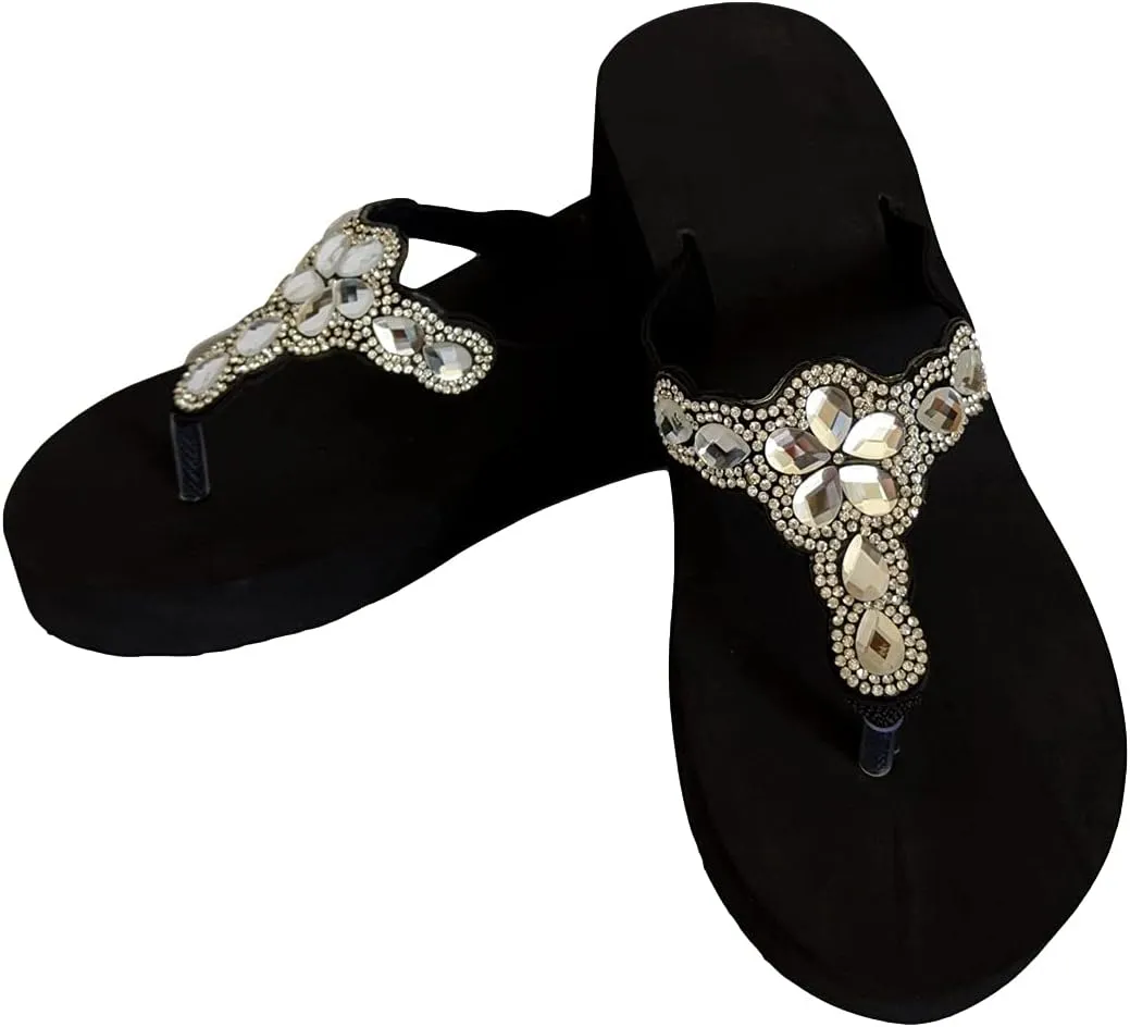 Womens Lightweight Foam Summer Bling Flip Flops Platform Black Wedge Thong T-Strap Sandals with Rhinestones for Teen Girls Fun Beach Pool Essential