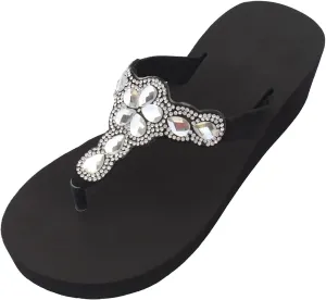 Womens Lightweight Foam Summer Bling Flip Flops Platform Black Wedge Thong T-Strap Sandals with Rhinestones for Teen Girls Fun Beach Pool Essential