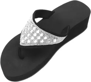 Womens Lightweight Foam Summer Bling Flip Flops Platform Black Wedge Thong T-Strap Sandals with Rhinestones for Teen Girls Fun Beach Pool Essential