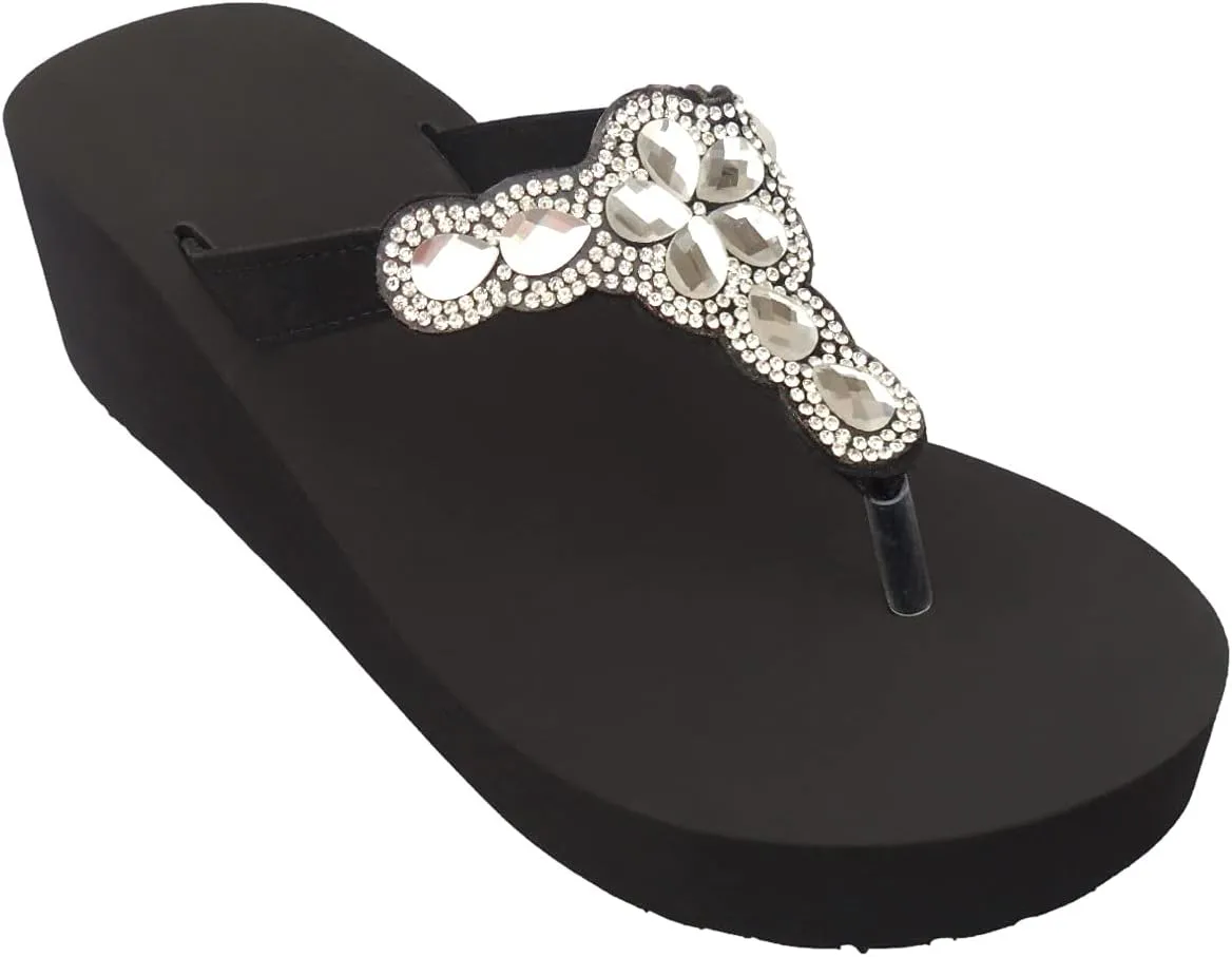 Womens Lightweight Foam Summer Bling Flip Flops Platform Black Wedge Thong T-Strap Sandals with Rhinestones for Teen Girls Fun Beach Pool Essential