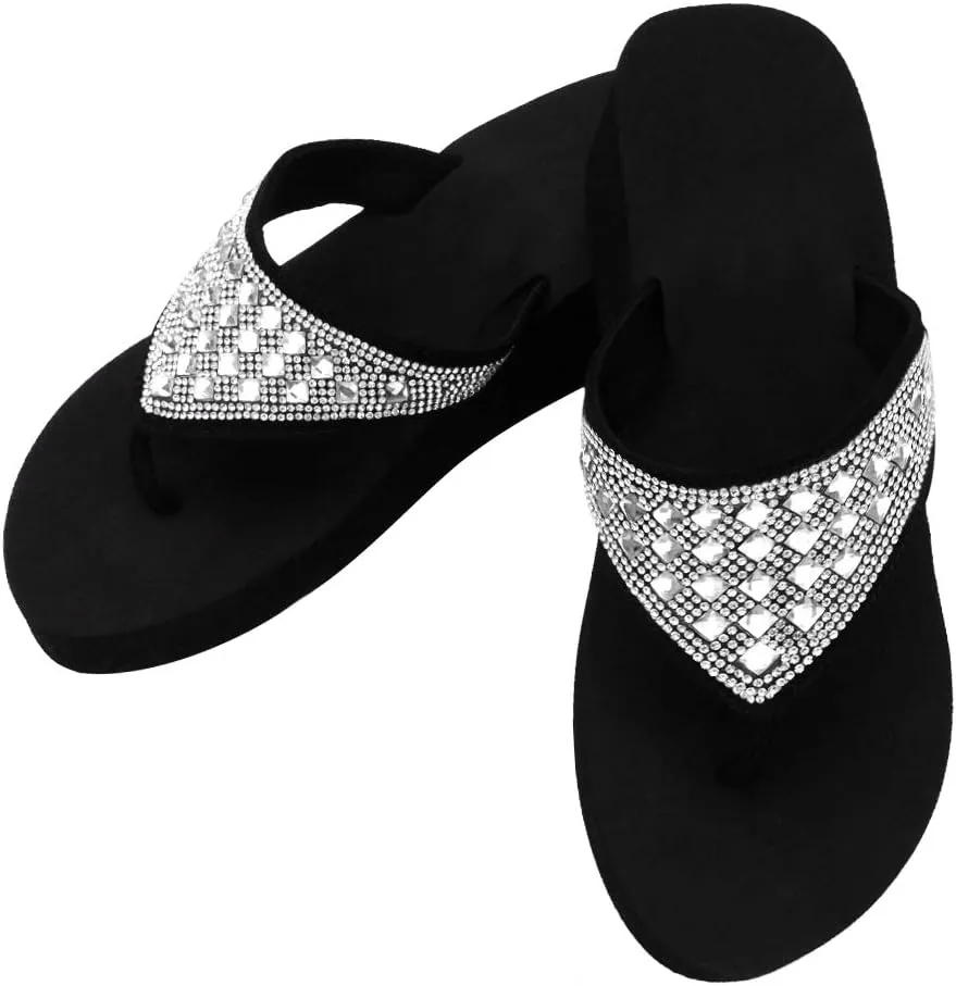 Womens Lightweight Foam Summer Bling Flip Flops Platform Black Wedge Thong T-Strap Sandals with Rhinestones for Teen Girls Fun Beach Pool Essential