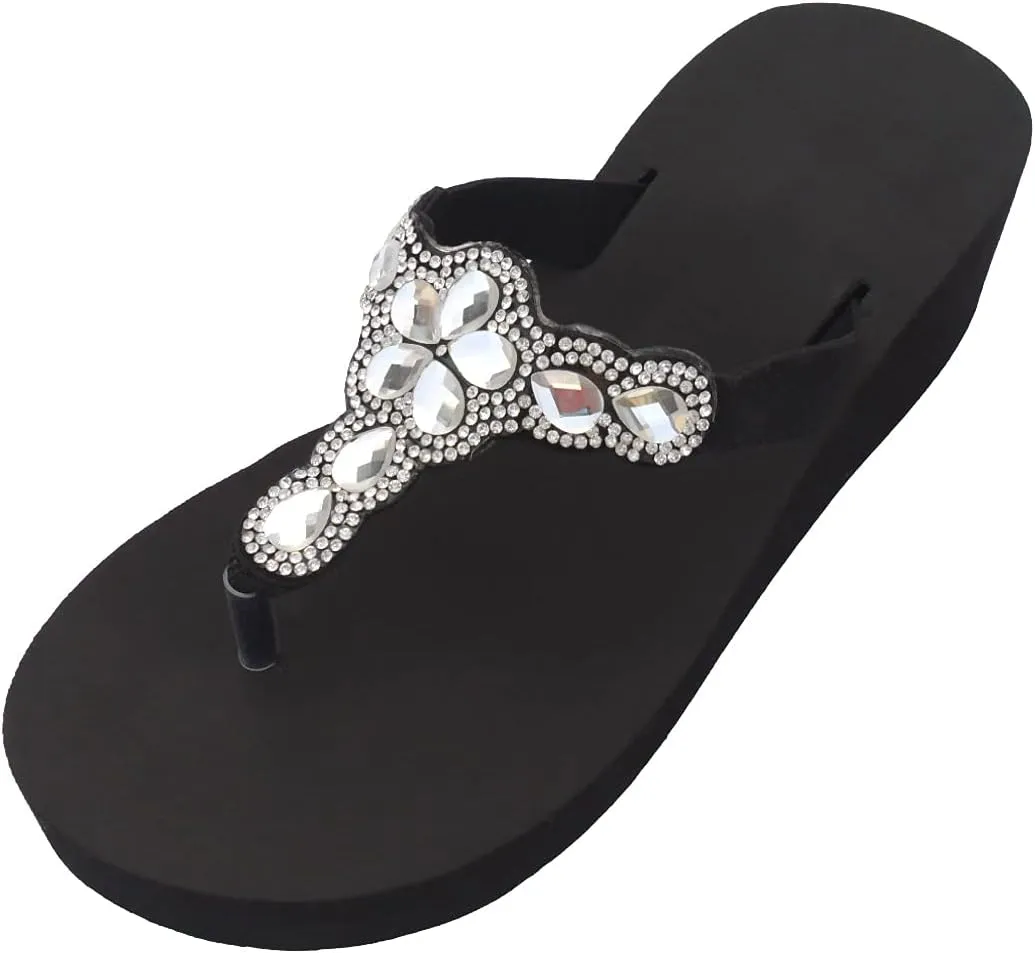 Womens Lightweight Foam Summer Bling Flip Flops Platform Black Wedge Thong T-Strap Sandals with Rhinestones for Teen Girls Fun Beach Pool Essential