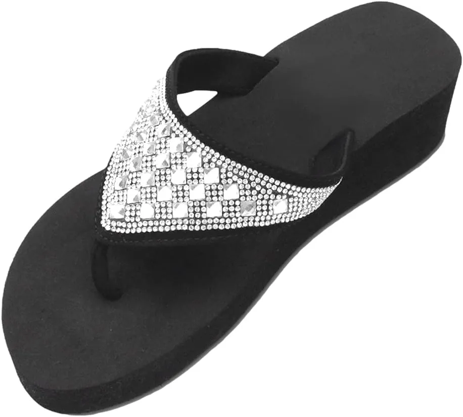 Womens Lightweight Foam Summer Bling Flip Flops Platform Black Wedge Thong T-Strap Sandals with Rhinestones for Teen Girls Fun Beach Pool Essential