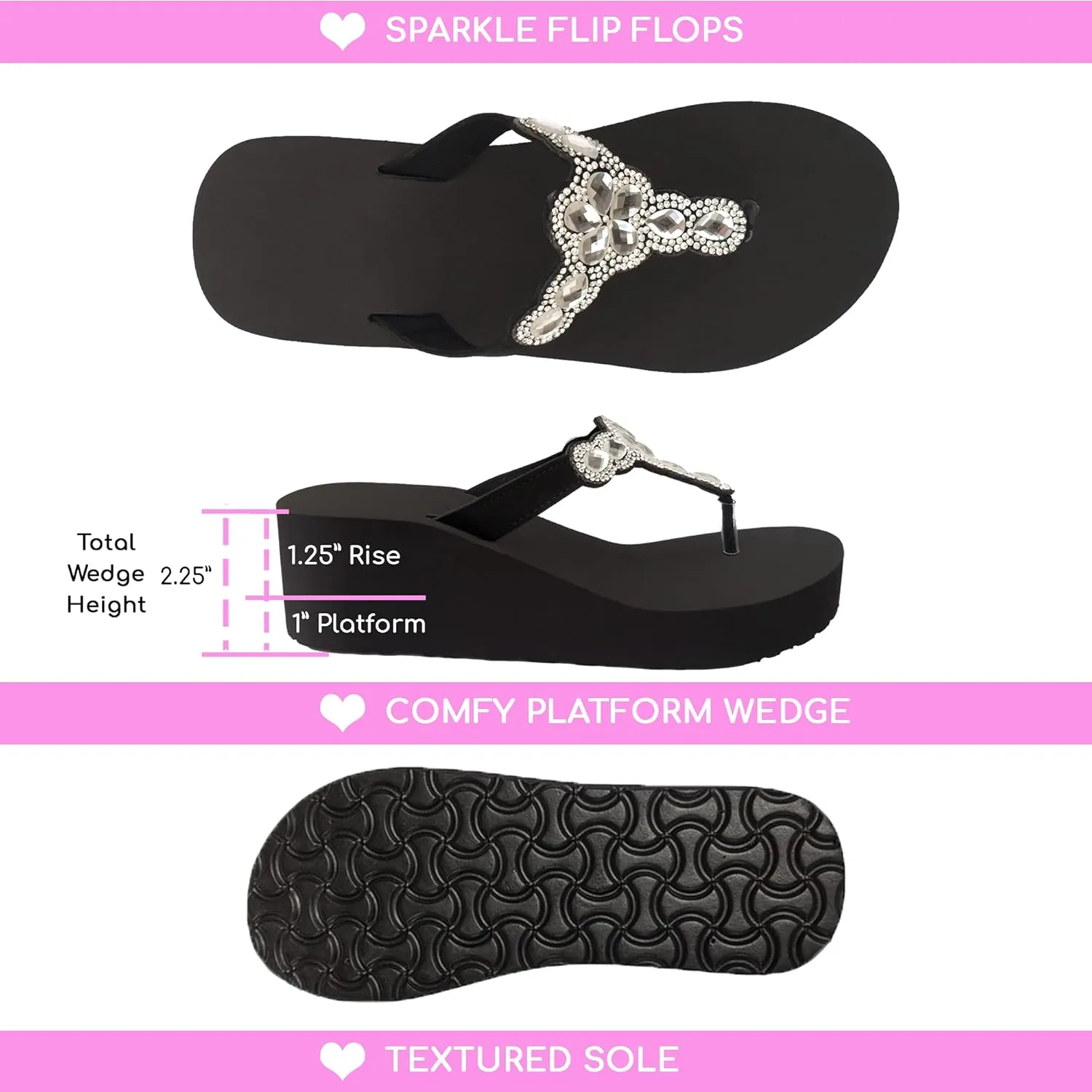 Womens Lightweight Foam Summer Bling Flip Flops Platform Black Wedge Thong T-Strap Sandals with Rhinestones for Teen Girls Fun Beach Pool Essential