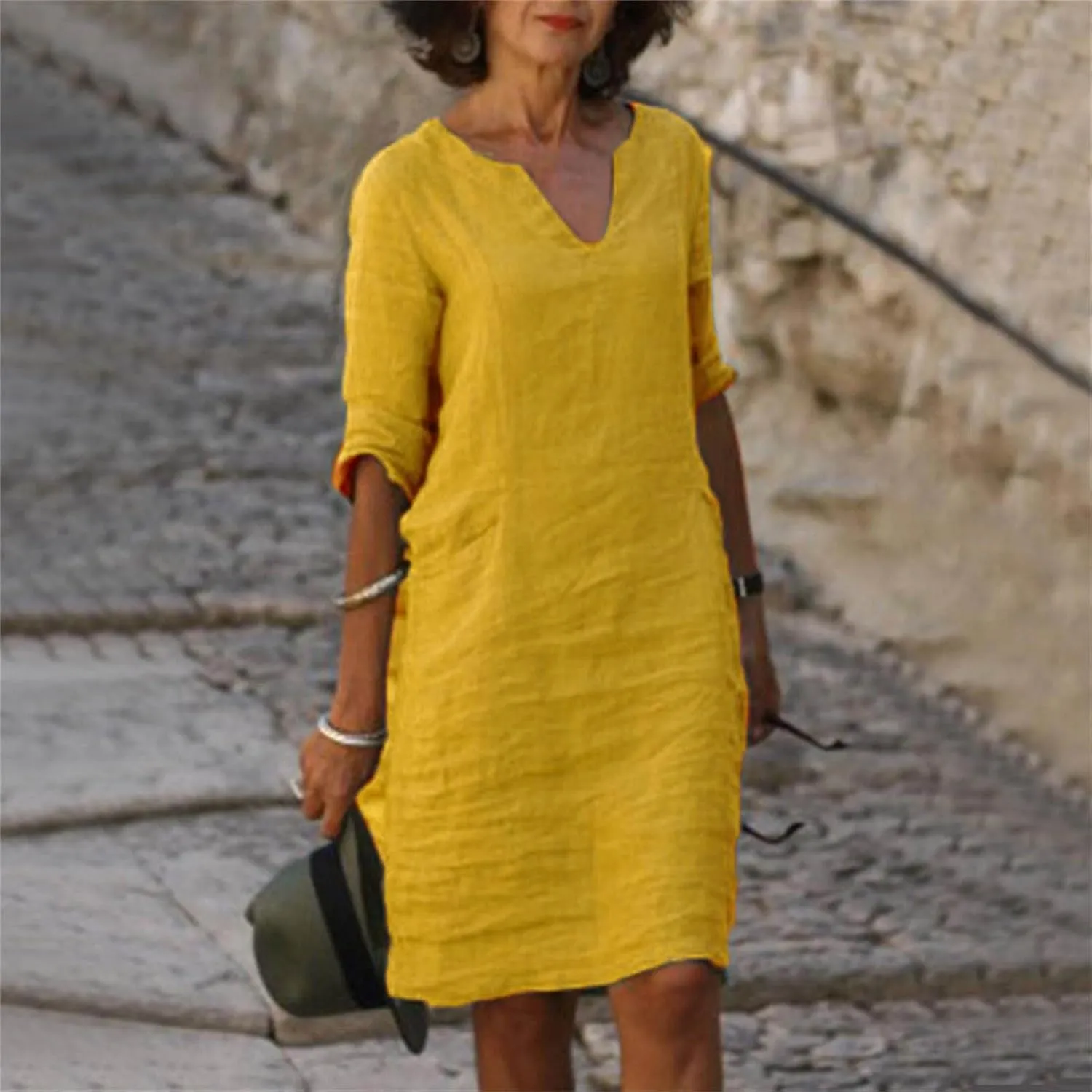 Womens Linen Dress Casual Summer 3/4 Sleeve V Neck Knee Length Mini Dress Cute Elegant Cruise Beach Vacation Sundress