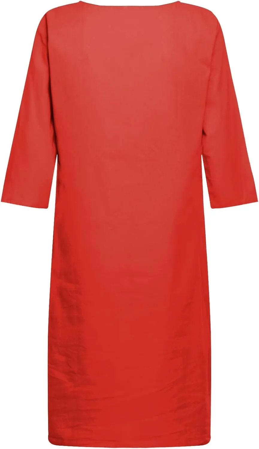 Womens Linen Dress Casual Summer 3/4 Sleeve V Neck Knee Length Mini Dress Cute Elegant Cruise Beach Vacation Sundress