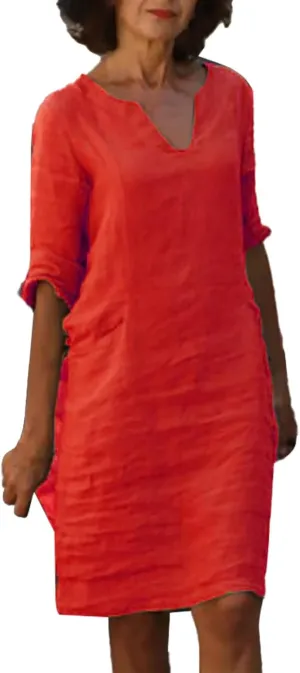 Womens Linen Dress Casual Summer 3/4 Sleeve V Neck Knee Length Mini Dress Cute Elegant Cruise Beach Vacation Sundress