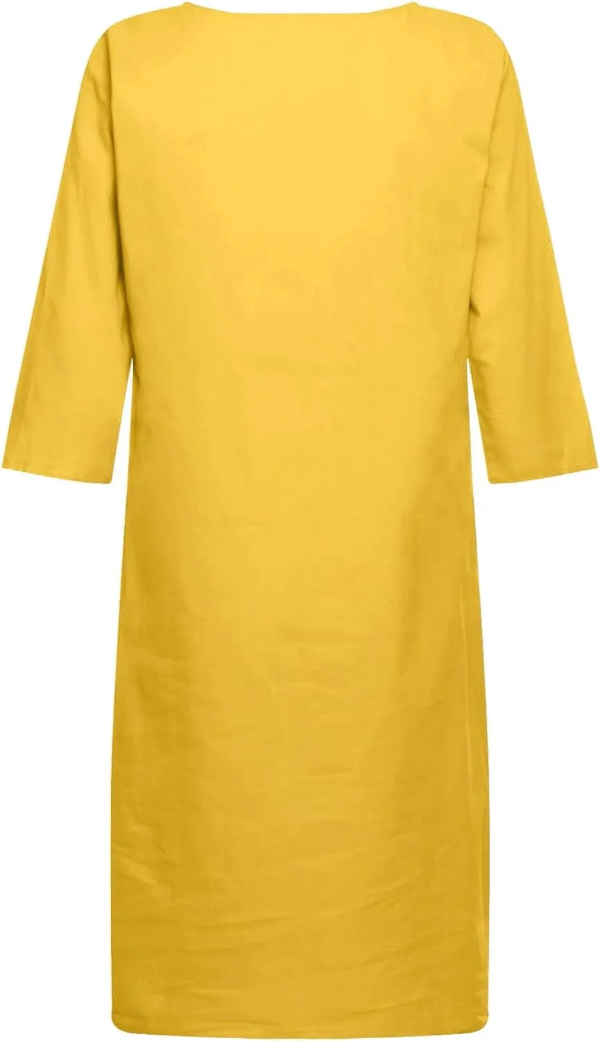 Womens Linen Dress Casual Summer 3/4 Sleeve V Neck Knee Length Mini Dress Cute Elegant Cruise Beach Vacation Sundress