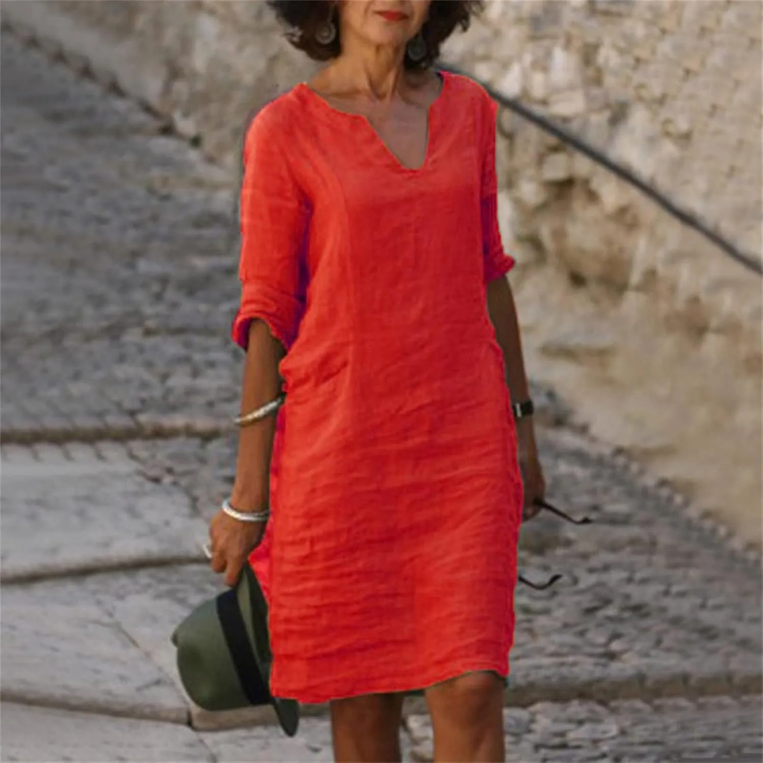Womens Linen Dress Casual Summer 3/4 Sleeve V Neck Knee Length Mini Dress Cute Elegant Cruise Beach Vacation Sundress