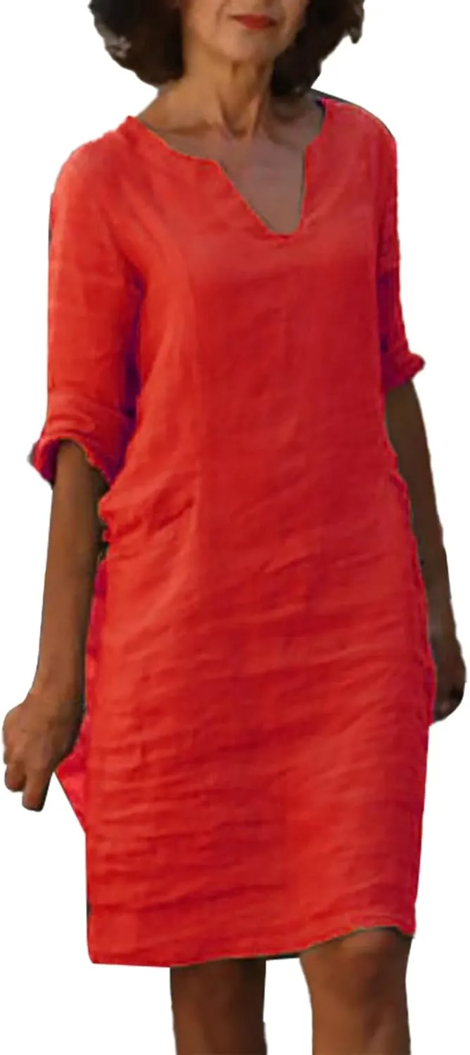 Womens Linen Dress Casual Summer 3/4 Sleeve V Neck Knee Length Mini Dress Cute Elegant Cruise Beach Vacation Sundress